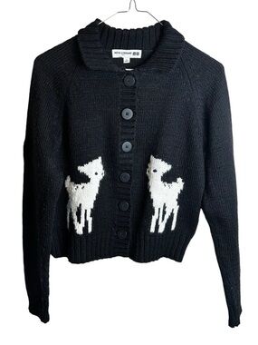 Ines de la Fressange Uniqlo Deer Cardigan Sweater Black White Fawn Bambi Small